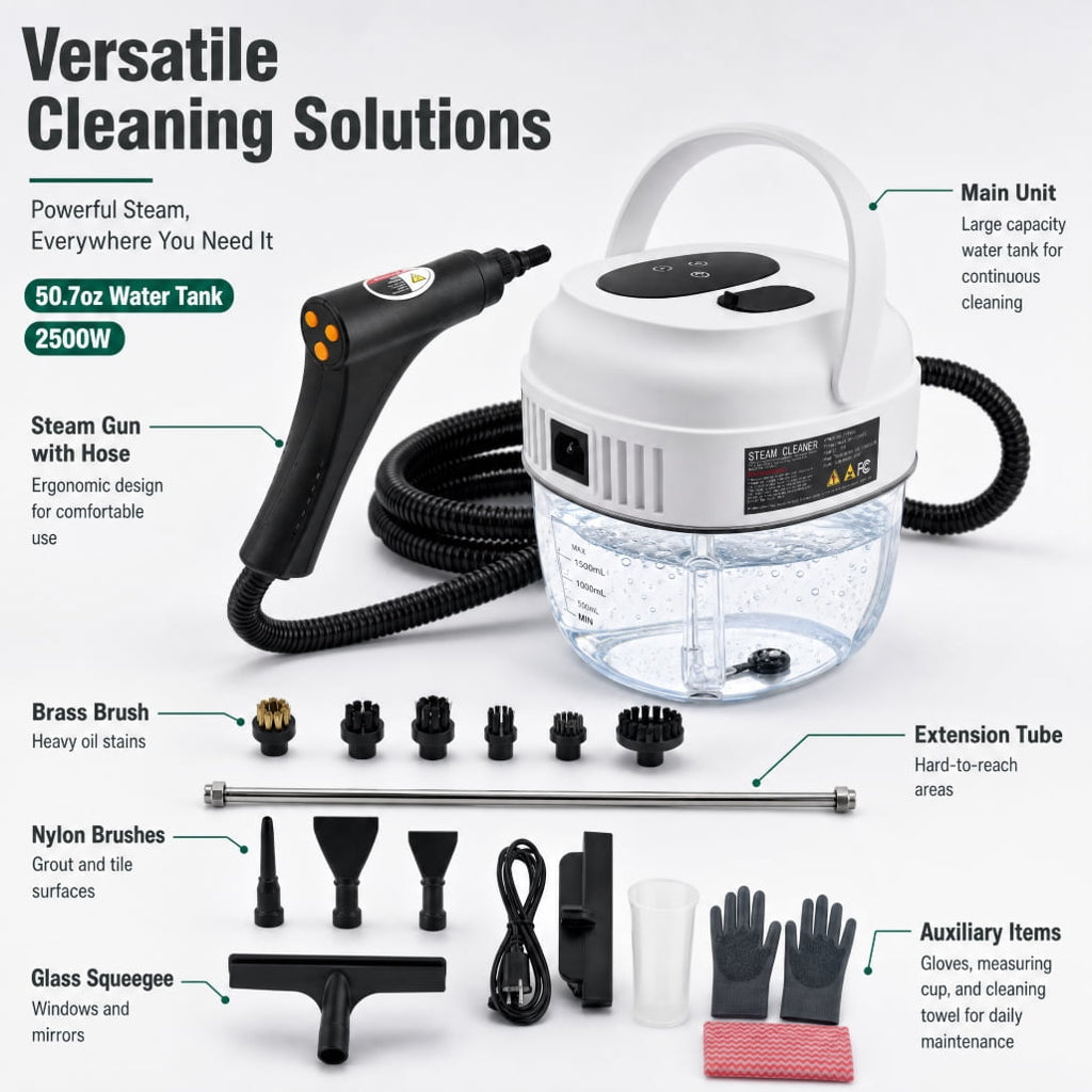 YTAKY Steam Cleaner for Home,Steamer for Cleaning,50.7oz Water Tank,Portable Steam Cleaner with 19 Accessories for Home Cleaning,Grease,Floor,Couch,Window,Car Seat,Tile,Grout,Black