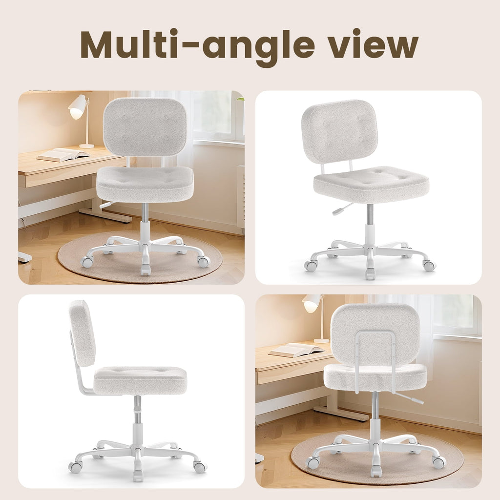 YERAIRR Armless Office Chair with Wide Seat,Teddy Fleece Fabric Computer Desk Chair Thickened Cushion Vanity Chair White