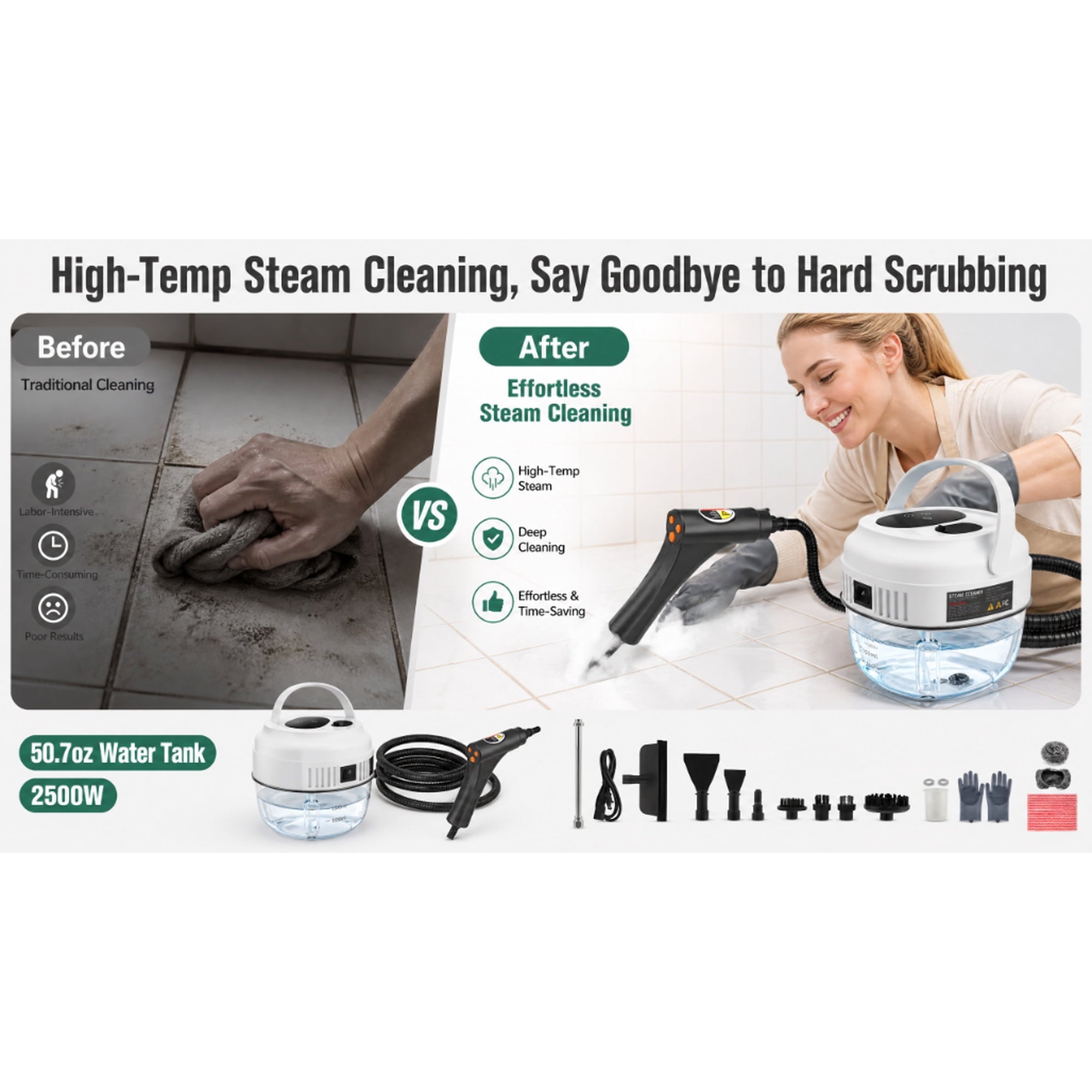 YTAKY Steam Cleaner for Home,Steamer for Cleaning,50.7oz Water Tank,Portable Steam Cleaner with 19 Accessories for Home Cleaning,Grease,Floor,Couch,Window,Car Seat,Tile,Grout,Black