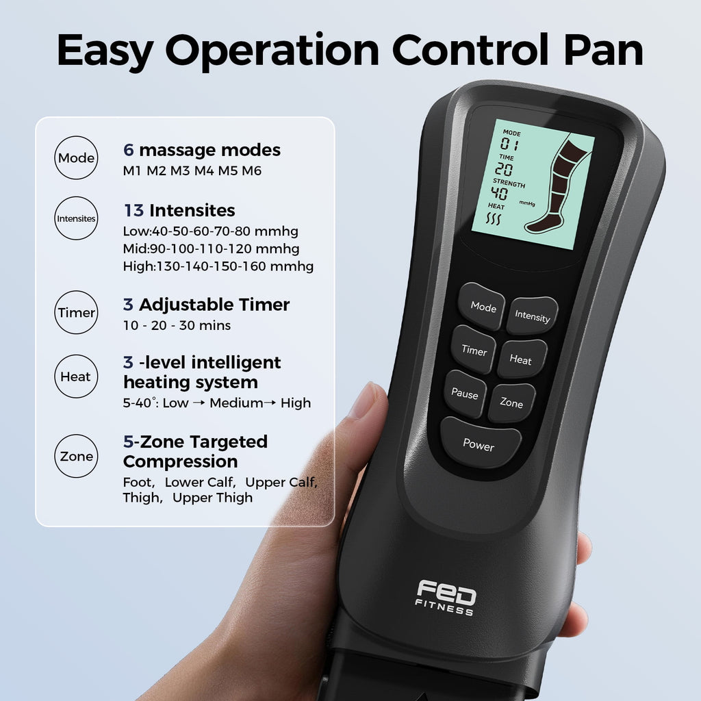 FED Fitness Compression Boots, 6 Modes & 13 Levels , 3 Timing&Heat, 5 Airbags 360° Coverage, Adjustable with Washable Liner for Leg Massage, L Size