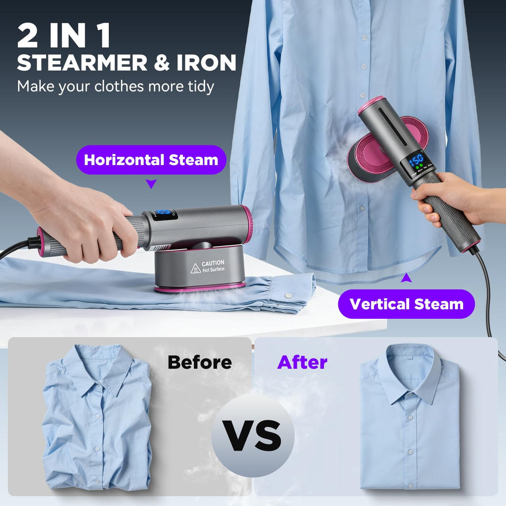 VAMOUT Travel Steamer for Clothes, 1200W Portable Garment Steamer & Iron 2 in 1, with LED Display & 90° Rotatable Handle for Home & Travel