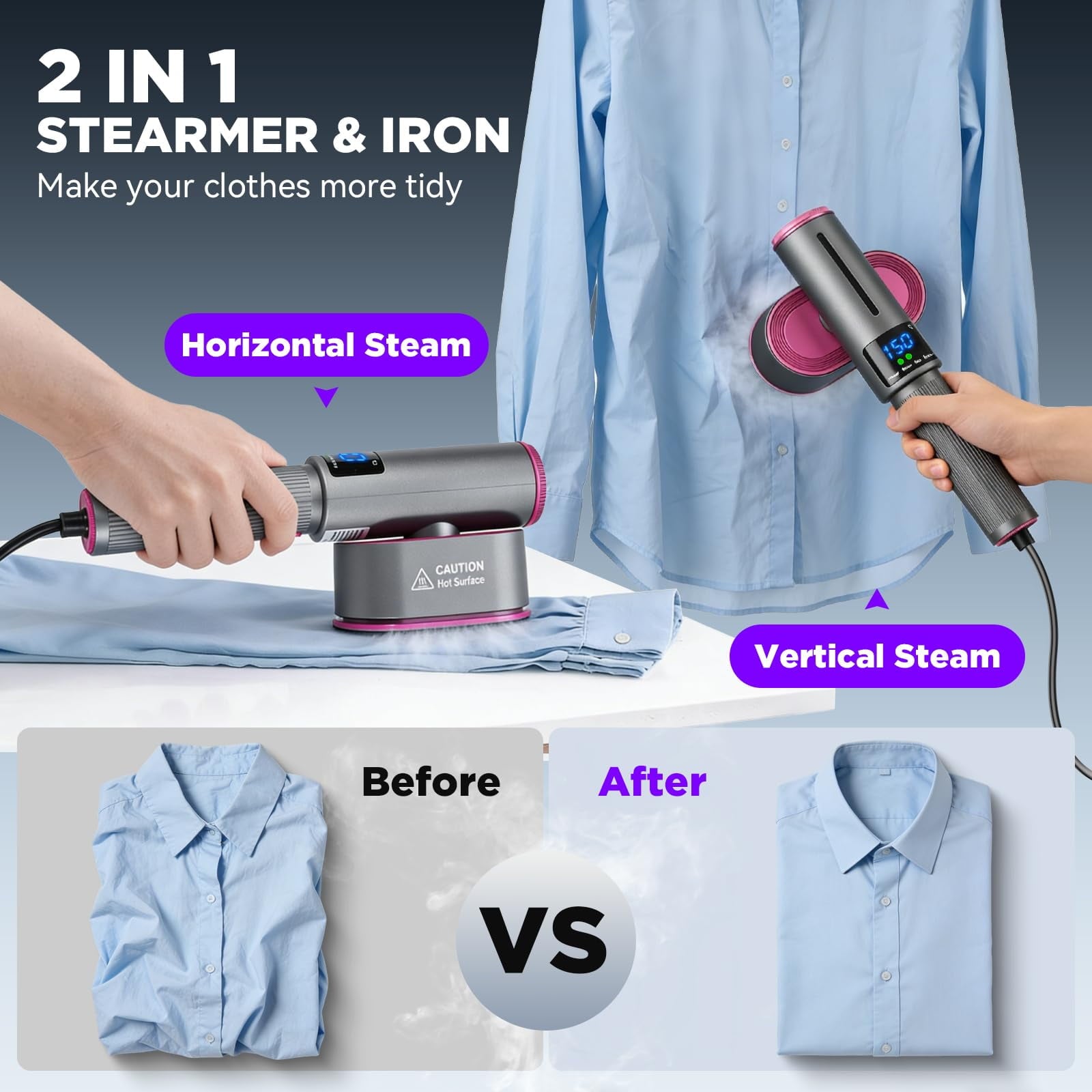 VAMOUT Travel Steamer for Clothes, 1200W Portable Garment Steamer & Iron 2 in 1, with LED Display & 90° Rotatable Handle for Home & Travel
