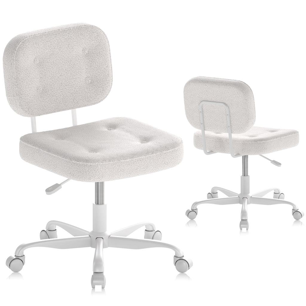 YERAIRR Armless Office Chair with Wide Seat,Teddy Fleece Fabric Computer Desk Chair Thickened Cushion Vanity Chair White