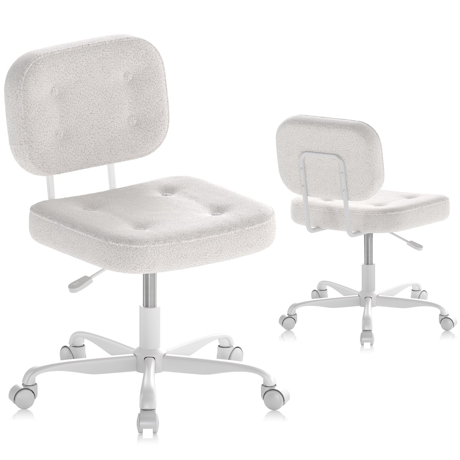YERAIRR Armless Office Chair with Wide Seat,Teddy Fleece Fabric Computer Desk Chair Thickened Cushion Vanity Chair White