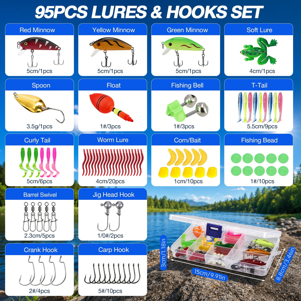 YTAKY Fishing Pole, 3-Piece Telescopic Rod and Reel Combo Kit with 95-Piece Lure Set, Carrier Bag, Pliers, Bobbers and Bells for Beginners