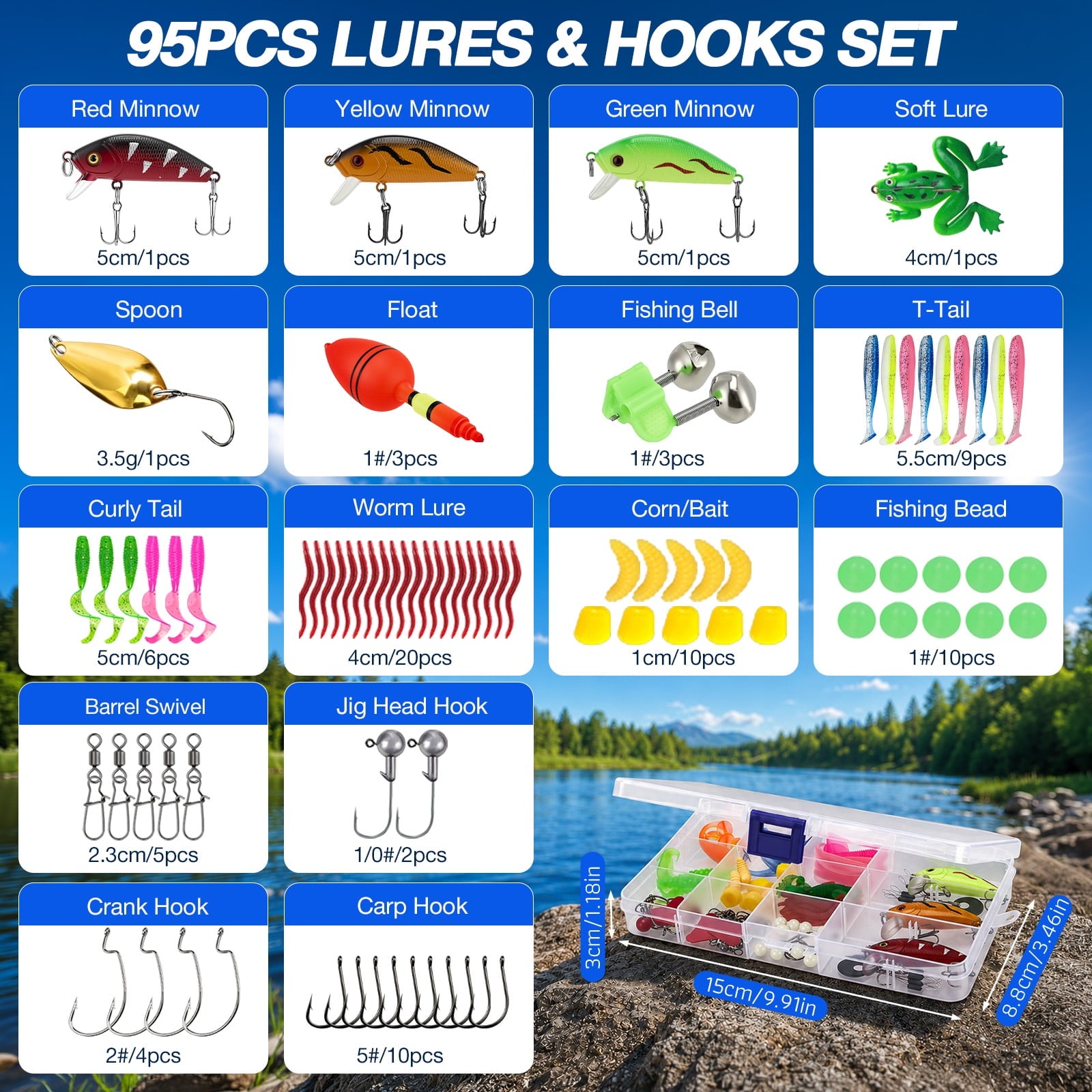 YTAKY Fishing Pole, 3-Piece Telescopic Rod and Reel Combo Kit with 95-Piece Lure Set, Carrier Bag, Pliers, Bobbers and Bells for Beginners