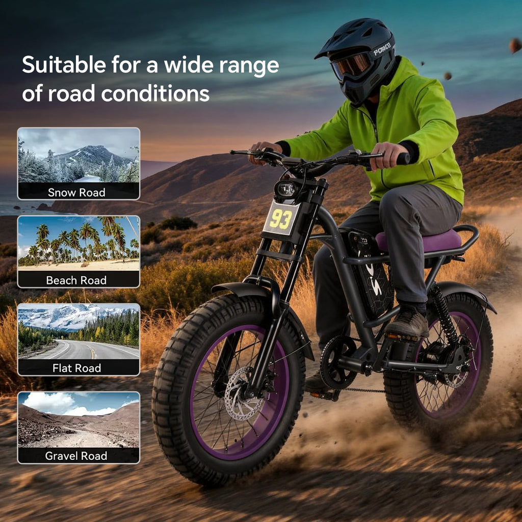 DRIFT.SLIDE D93 Pro Electric Bike for Adults, 1500W Peak Ebike, 20 Mountain Bike, 48V 20.8Ah Waterproof Removable Battery, 28 mph Max – Purple