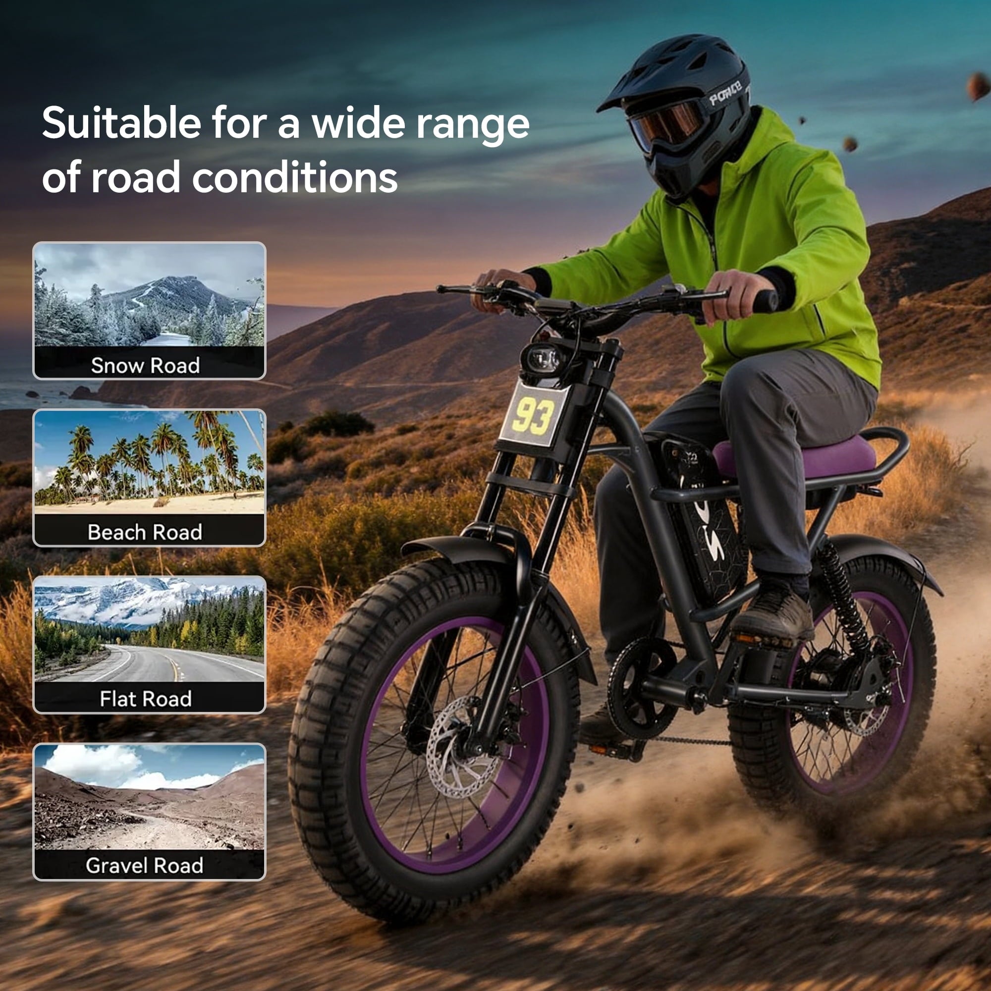 DRIFT.SLIDE D93 Pro Electric Bike for Adults, 1500W Peak Ebike, 20 Mountain Bike, 48V 20.8Ah Waterproof Removable Battery, 28 mph Max – Purple