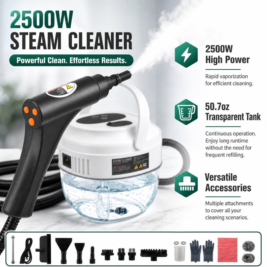 YTAKY Steam Cleaner for Home,Steamer for Cleaning,50.7oz Water Tank,Portable Steam Cleaner with 19 Accessories for Home Cleaning,Grease,Floor,Couch,Window,Car Seat,Tile,Grout,Black