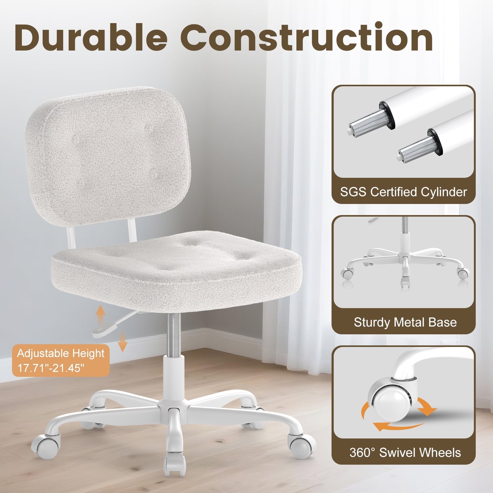 YERAIRR Armless Office Chair with Wide Seat,Teddy Fleece Fabric Computer Desk Chair Thickened Cushion Vanity Chair White