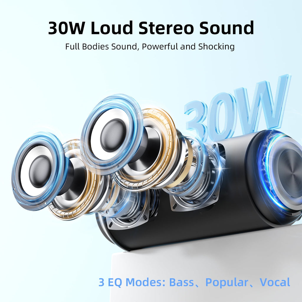 Portable Bluetooth Speaker IPX7 Waterproof, 30W Loud Sound, Deep Bass, Bluetooth 5.4, LED Lights, Wireless Stereo Pairing, 30H Playtime, for Home/Outdoor/Party/Beach, Birthday Gift (Black)