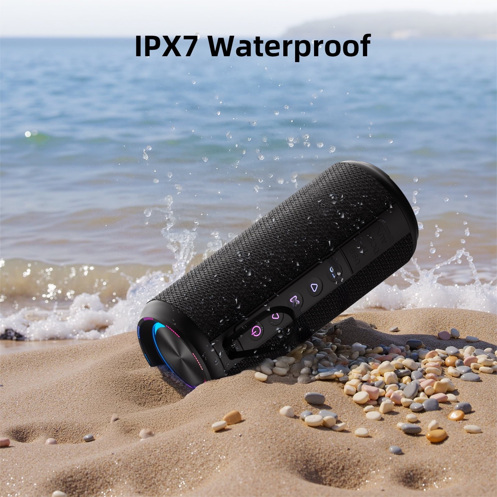 Portable Bluetooth Speaker IPX7 Waterproof, 30W Loud Sound, Deep Bass, Bluetooth 5.4, LED Lights, Wireless Stereo Pairing, 30H Playtime, for Home/Outdoor/Party/Beach, Birthday Gift (Black)