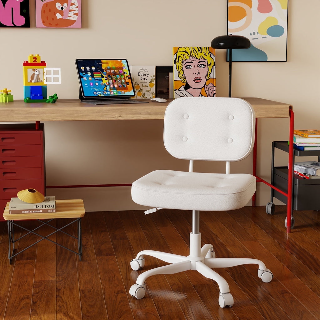YERAIRR Armless Office Chair with Wide Seat,Teddy Fleece Fabric Computer Desk Chair Thickened Cushion Vanity Chair White