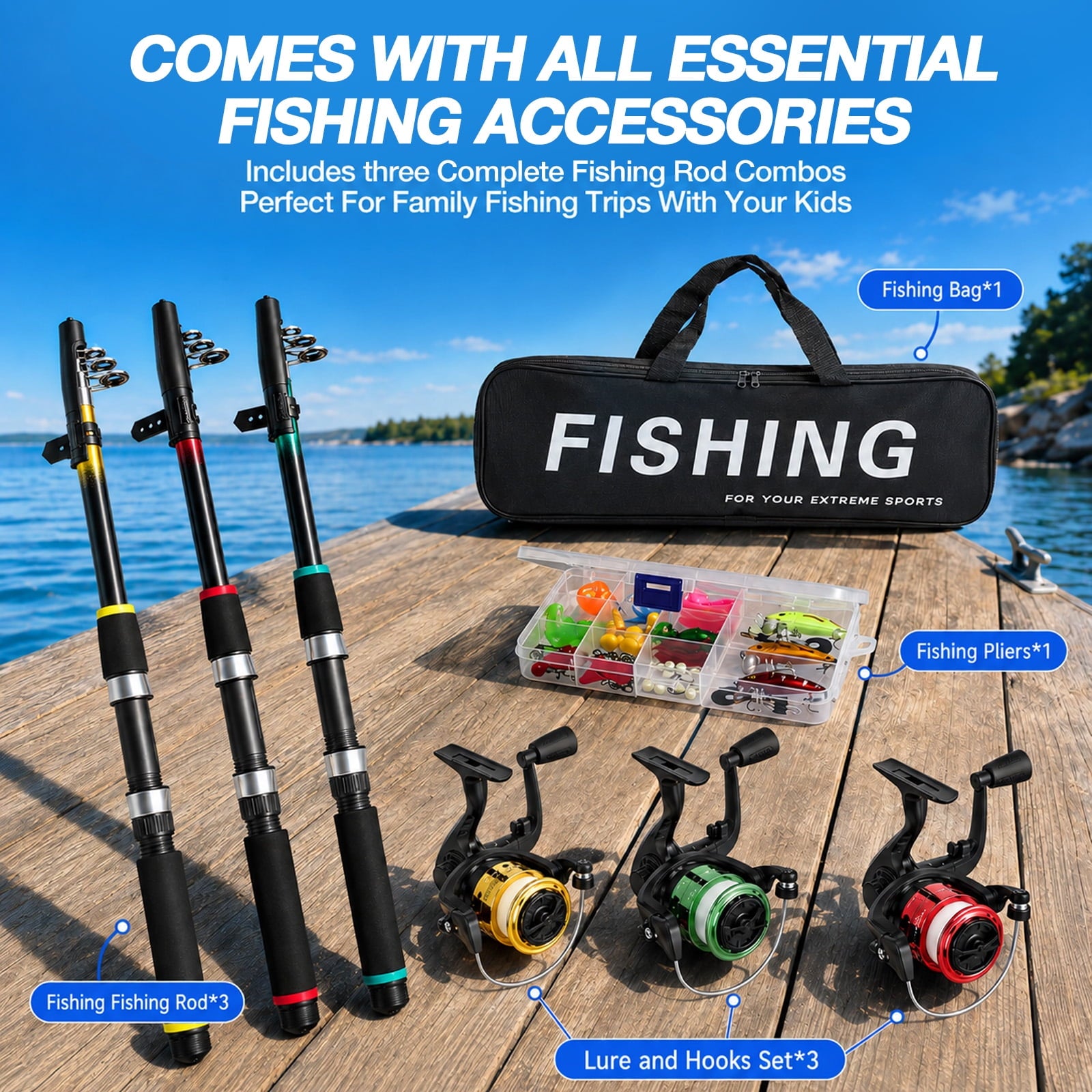 YTAKY Fishing Pole, 3-Piece Telescopic Rod and Reel Combo Kit with 95-Piece Lure Set, Carrier Bag, Pliers, Bobbers and Bells for Beginners