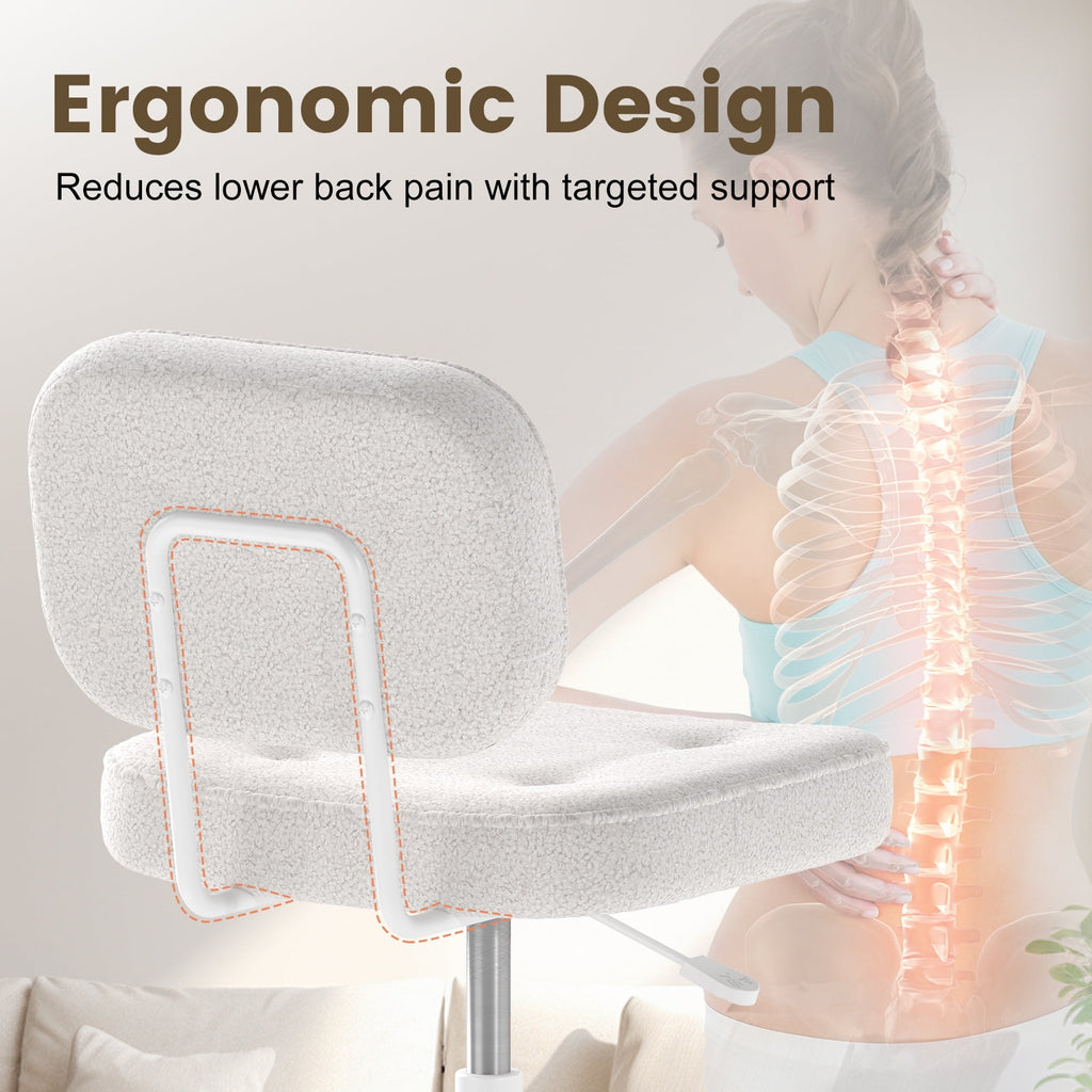 YERAIRR Armless Office Chair with Wide Seat,Teddy Fleece Fabric Computer Desk Chair Thickened Cushion Vanity Chair White