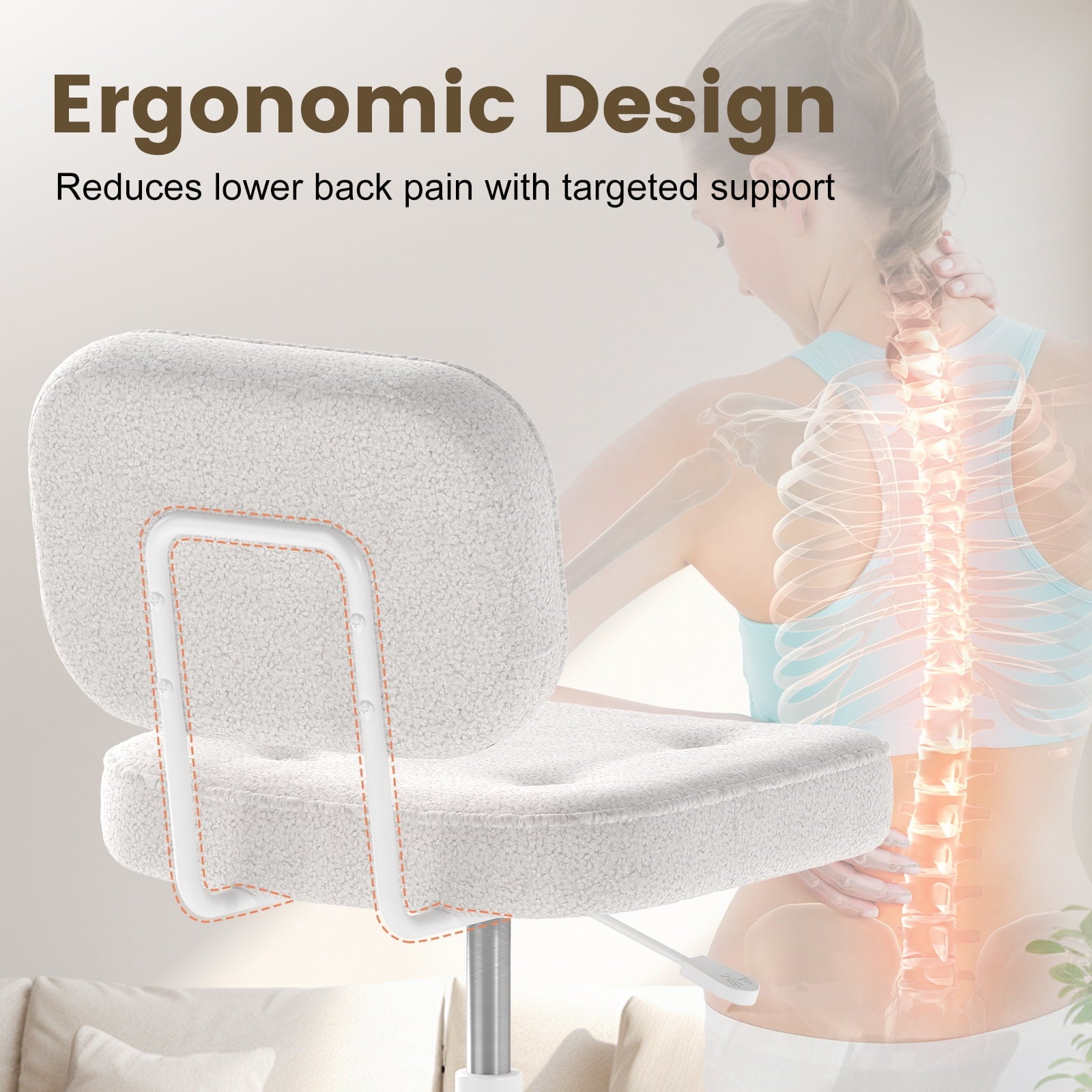 YERAIRR Armless Office Chair with Wide Seat,Teddy Fleece Fabric Computer Desk Chair Thickened Cushion Vanity Chair White