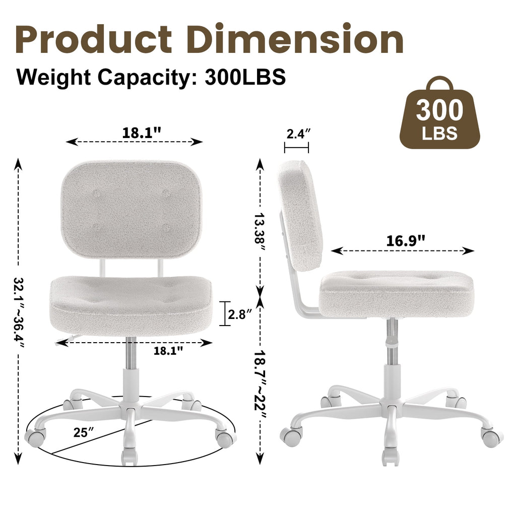 YERAIRR Armless Office Chair with Wide Seat,Teddy Fleece Fabric Computer Desk Chair Thickened Cushion Vanity Chair White