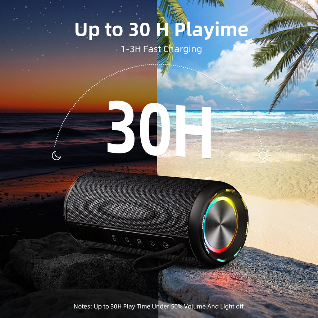 Portable Bluetooth Speaker IPX7 Waterproof, 30W Loud Sound, Deep Bass, Bluetooth 5.4, LED Lights, Wireless Stereo Pairing, 30H Playtime, for Home/Outdoor/Party/Beach, Birthday Gift (Black)